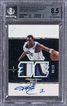 2003-04 UD "Exquisite Collection" Emblems of Endorsement #TM Tracy McGrady Signed Game Used Patch Card (#06/15) – BGS NM-MT+ 8.5/BGS 10